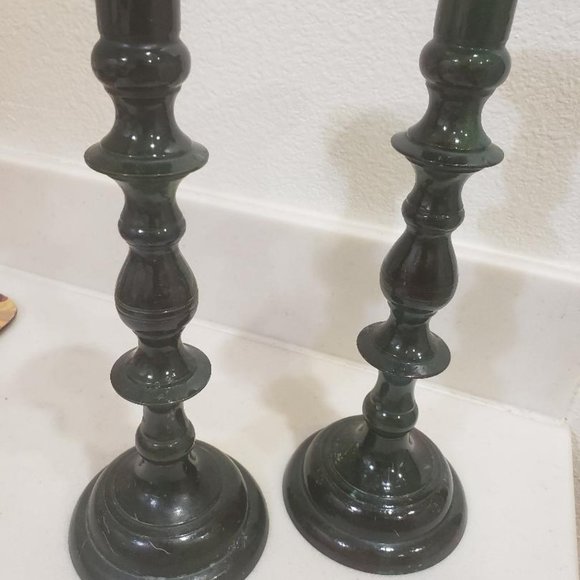 SET OF 2 DARK GREEN 9" METAL CANDLE STICK HOLDERS / MADE IN JAPAN - Picture 1 of 8
